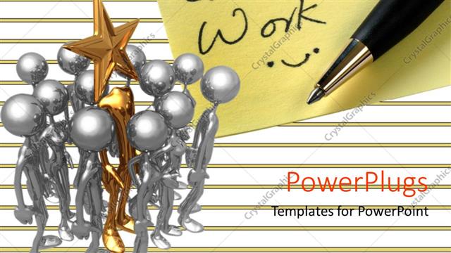  Presentation with award - A group of humanoids with award and a Good work message on yellow paper