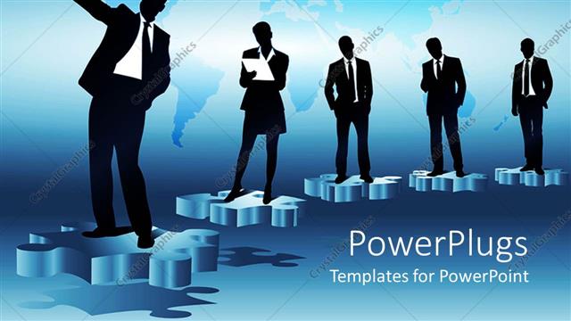  Presentation with team group - A group of people standing on various puzzle pieces