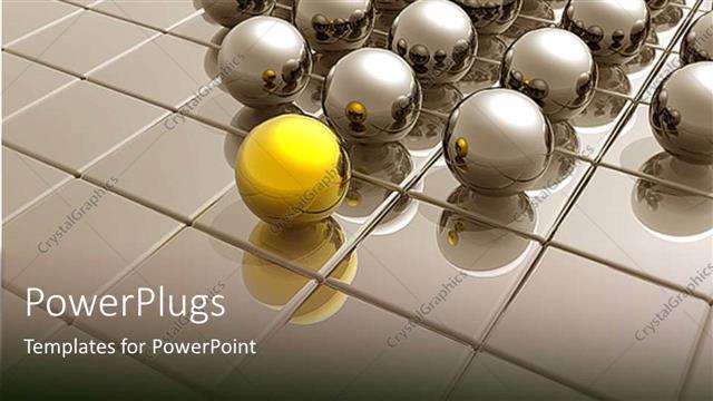 Presentation with gold silver - Group of reflective silver following?a gold sphere leader on shiny metallic grid background