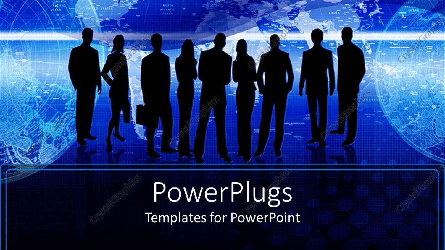 Featuring Group of Silhouetted Business Men and woMen Standing Together in Front of Electric Blue World Map Background
