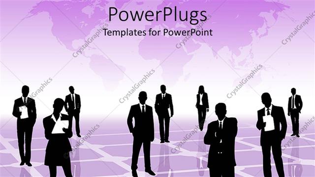  Presentation with purple business - Group of silhouettes of business people on reflective purple surface with world map on background