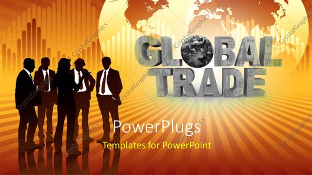  Presentation with world trade - Group of silhouettes in front of world map and words global trade