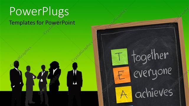  Presentation with everyone - Group of silhouettes next to chalkboard with Together Everyone Achieves More sticky notes