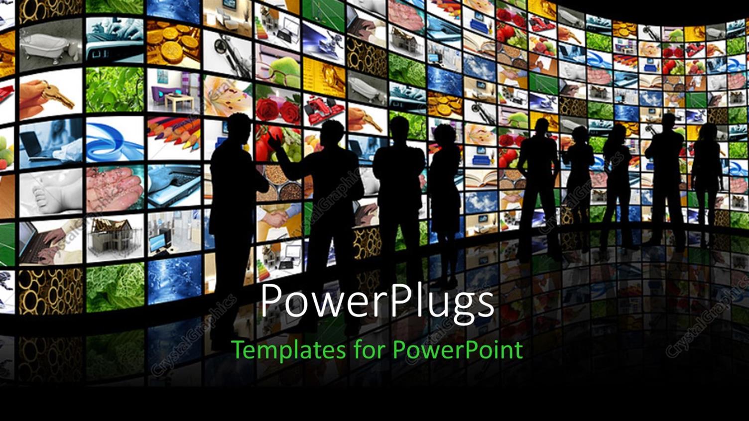 Featuring Group of Silhouettes Standing Facing large Wall of Screens with Various Depictions