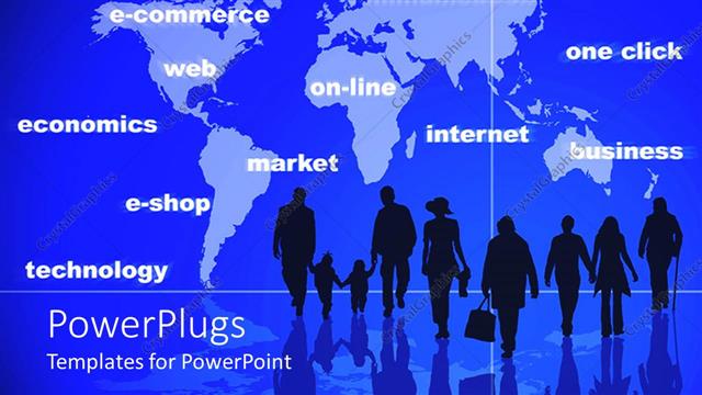  Presentation with business communication - Group of silhouettes walking on reflective floor with world map in the background and words related to internet, business, technology and communication