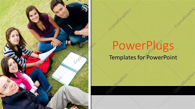  Presentation with college - Group of smiling college students study together outdoors on grass