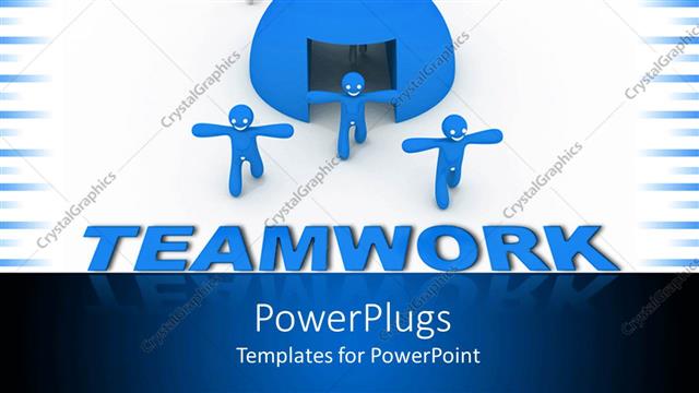  Presentation with teamwork - Group of white figures going through blue sphere and three blue figures getting out from sphere on top of blue teamwork word