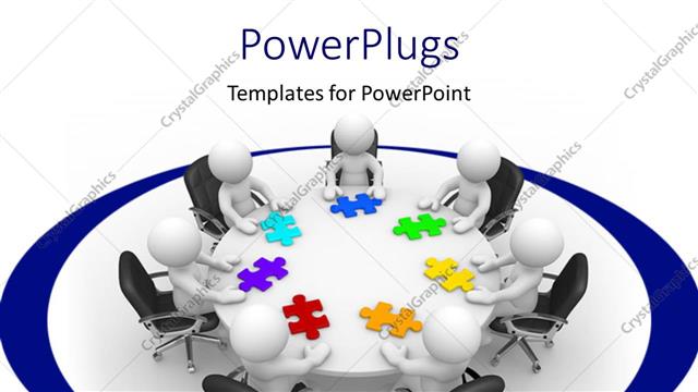  Presentation with jigsaw - Group of white figures sitting around conference table with bright colored puzzle pieces