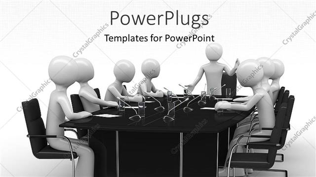  Presentation with microphones - Group of white figures sitting around black table with microphones