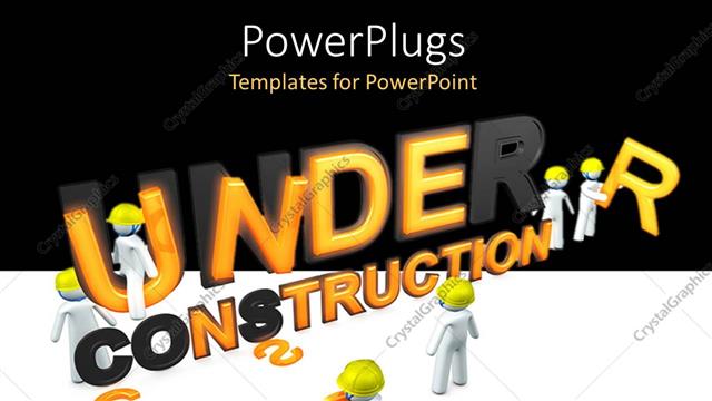  Presentation with white letters - Group of white figures in yellow hard hats assembling letters to spell Under Construction