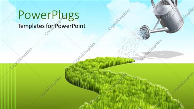  Presentation with green tree - Growing concept with watering can watering the grass, grown grass on a green field and the word growth with green tree instead of T letter, with blue sky in the background