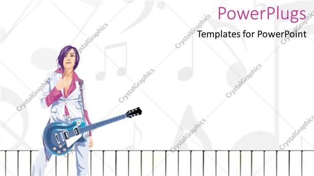  Presentation with piano keyboard - Guitarist woman with guitar hanging and piano keyboard, musical notes on white background