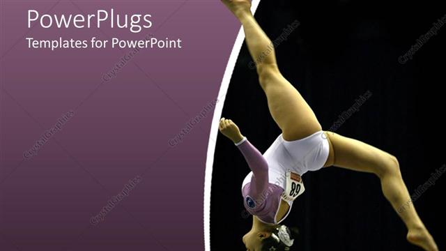  Presentation with athlete - Gymnast woman, athlete making a somersault on purple and black background