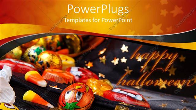  Presentation with halloween candy - Halloween theme with scattered Halloween candies and chocolates on Wizard hat with orange and blue background