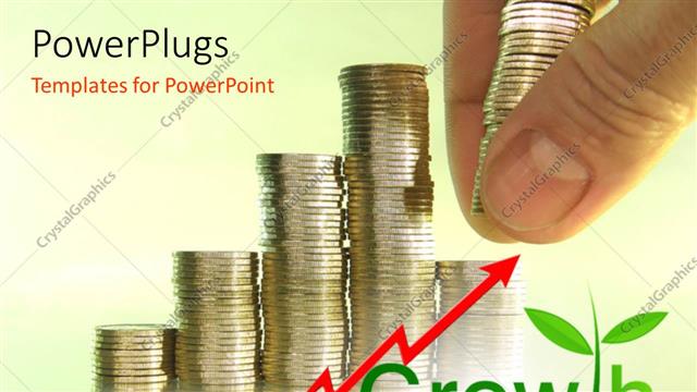  Presentation with growth chart - Hand arranging pile of coins and growth chart with red arrow