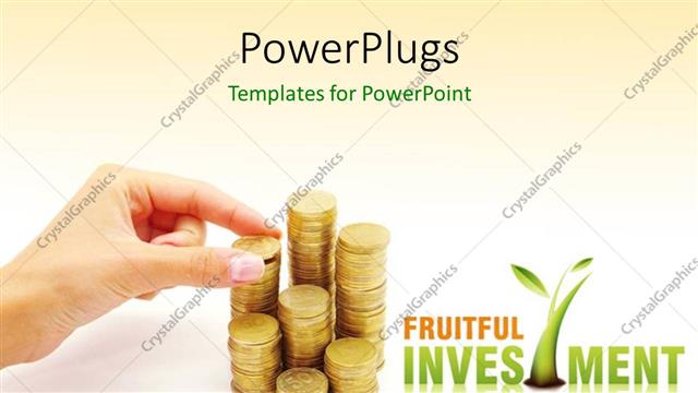  Presentation with investment - Hand arranging stack of coins on white background depicting financial investment?