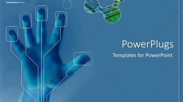  Presentation with security - Hand being scanned on security glass on blue background