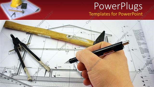  Presentation with hand tools - Hand completing an architect design for a house blueprint with architect's tools on red background