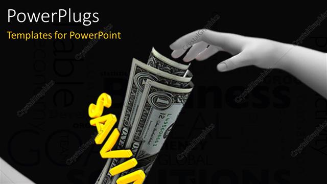  Presentation with hand saving - Hand dropping one dollar bills to another with yellow text SAVINGS