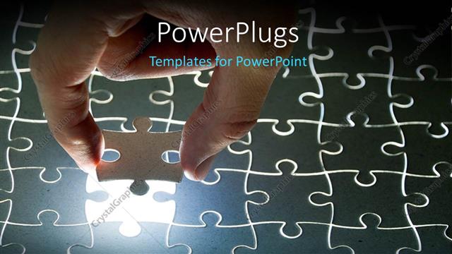  Presentation with jigsaw - Hand fitting missing puzzle piece in jigsaw puzzle