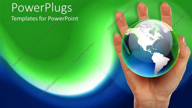  Presentation with abstract blue globe - Hand holding abstract depiction of globe on waving blurred green and blue background