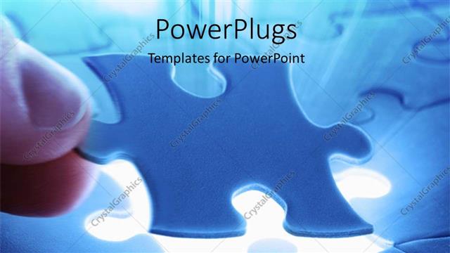  Presentation with hand holding puzzle piece - Hand holding blue puzzle piece over light glow from missing spot