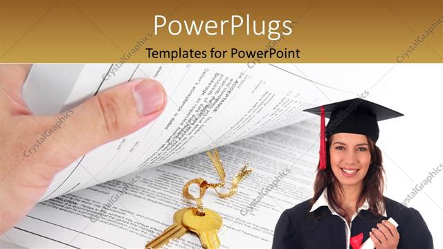  Presentation with key education - Hand holding book reveals gold key in middle with female graduant