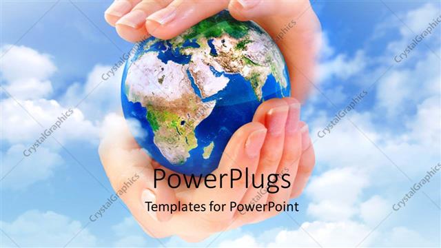  Presentation with save earth - Hand holding globe over blue cloudy sky