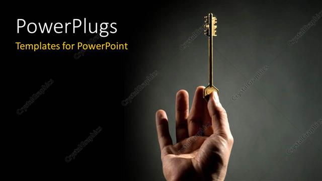  Presentation with glow - Hand holding gold key up over black surface with light glow