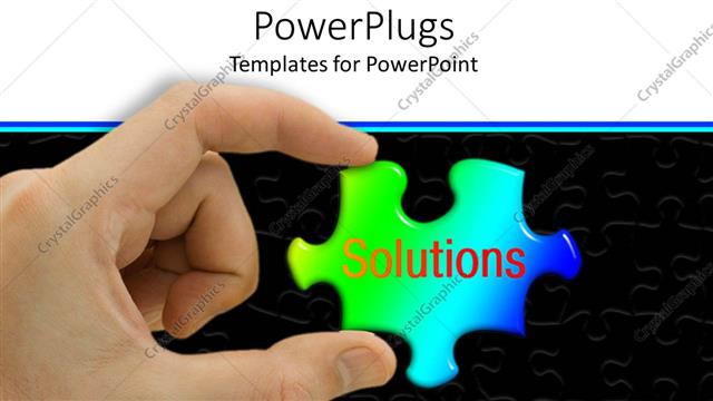 Presentation with hand holding puzzle piece - Hand holding green and blue jigsaw puzzle piece with the word Solutions