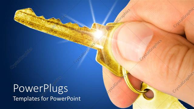  Presentation with key - A hand holding a key with blue background