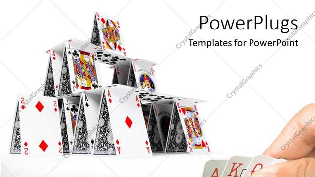  Presentation with white house - Hand holding playing cards with card house constructed on white background
