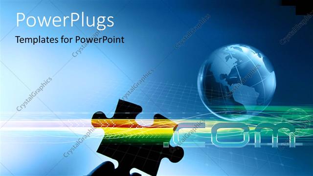  Presentation with blue earth puzzle - Hand holding puzzle piece with earth globe on blue surface