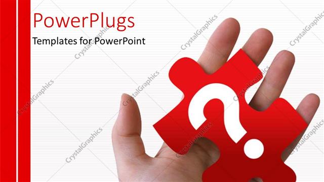  Presentation with hand holding puzzle piece - Hand holding a red puzzle piece with a question mark on it with strips