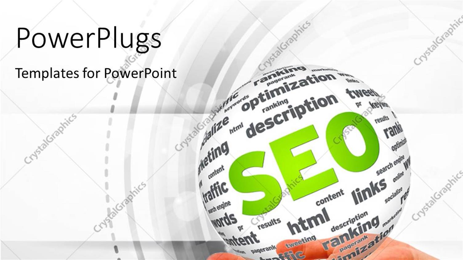 Featuring Hand Holding a SEO 3D Sphere Sign with Various Keywords on White Background