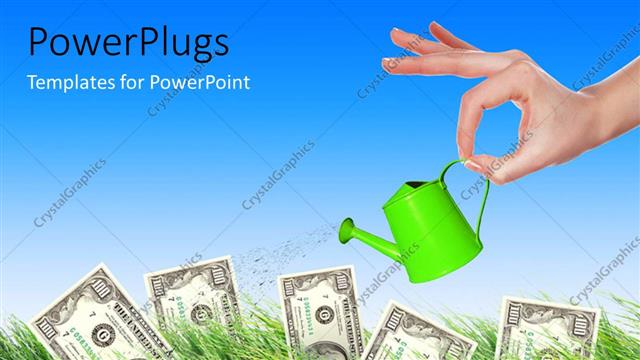  Presentation with bills - Hand holding small green watering can over hundred dollar bills in grass