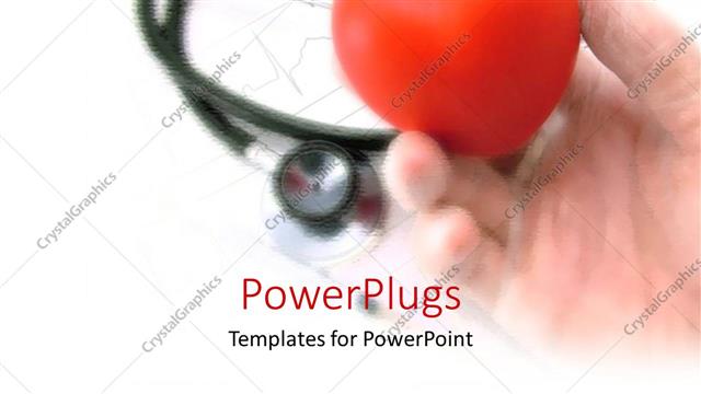 Presentation with red medical - Hand holding small red heart in front of stethoscope laying on EKG printout