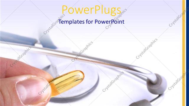  Presentation with yellow medical - Hand holding yellow golden capsule and stethoscope on white background