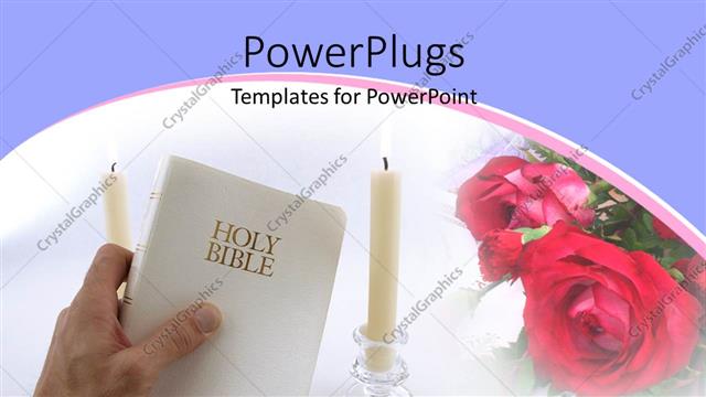  Presentation with holy bible - Hand holds Holy Bible between two burning candles with rose in background