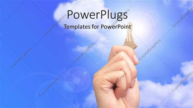  Presentation with key - Hand holds up gold key over blue cloudy sky