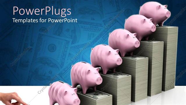  Presentation with piggy bank - Hand inserting money bill in small grey piggy bank and increasing money bill stacks with pink piggy banks on each stack of money