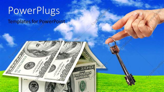  Presentation with house key - A hand with a key and a greenish field in background