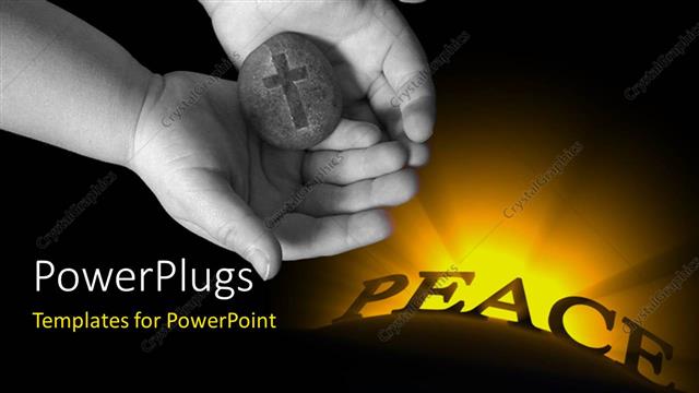  Presentation with peace - Hand of little child holding rock with cross engraved and word PEACE