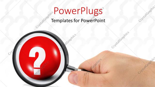  Presentation with looking glass - Hand with magnifying glass looking at questions with light grey colored question marks