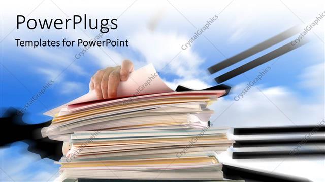  Presentation with busy - Hand on pile of office documents over blue cloudy sky