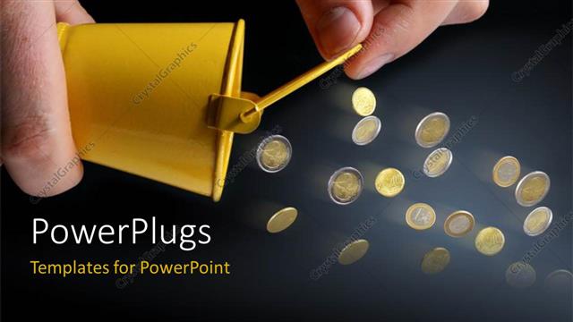  Presentation with finance - Hand pouring gold coins out of yellow bucket on grey background?