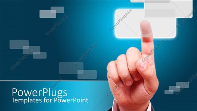  Presentation with touch screen - A hand pressing a button with a number of buttons in the background