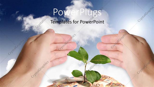  Presentation with sprouting plant - Hand protecting green plant sprouting from currency notes on white surface?