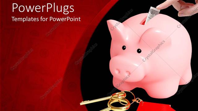  Presentation with piggy bank - Hand saving money in piggy bank with gold key and dollar bills