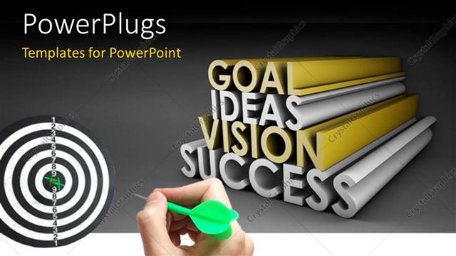  Presentation with target - Hand throwing green dart to bulls eye of black and white?target?